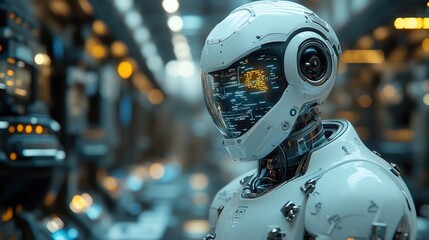 Fototapeta premium Futuristic robot, white, digital display, blurry background.