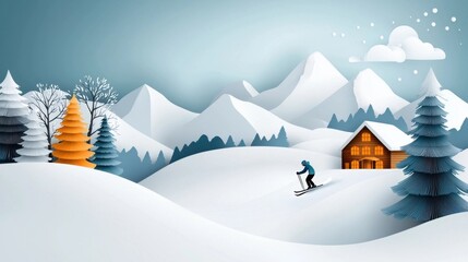 Cozy wooden cabin nestled in the serene snowy mountain landscape with a skier gliding down the powdery slope  Peaceful winter outdoor scene with snow capped peaks frosty trees