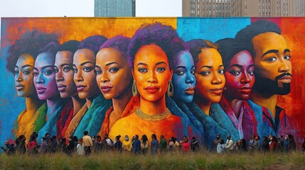 Large mural features important African, diaspora figures. Bright colors symbolize strength, unity. City wall background. People stand admiring artwork during awareness day. Art piece celebrates
