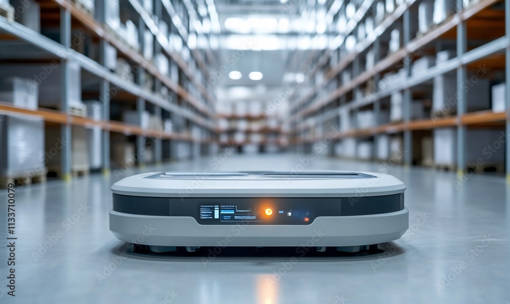 Aufkleber A robotic device positioned in a warehouse aisle for automated tasks.