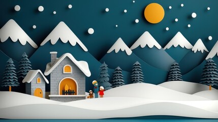 Cozy winter cabin nestled in a snowy mountain landscape under a clear night sky with a full moon and twinkling stars  The warm glow from the cabin windows contrasts with the peaceful