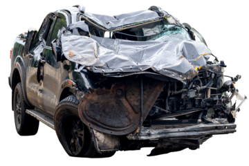 Front and side view of black pickup truck car get damaged by accident on the road. damaged cars after collision. isolated on transparent background, PNG File