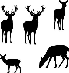 Naklejka premium Deer silhouette set. Deer black and white silhouette set - vector collection of wild animals detailed outlines