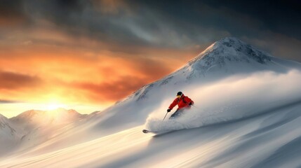 Skier expertly carving through deep powdery snow on a steep mountain slope during a vibrant sunset  Extreme winter sports and outdoor adventure concept