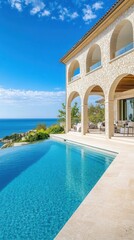 Fototapeta premium Mediterranean-style estate with infinity pool and stone arches