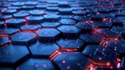 Obraz premium Complex hexagonal network processing big data with glowing lines and nodes, representing data flow and advanced technology in a futuristic and abstract way