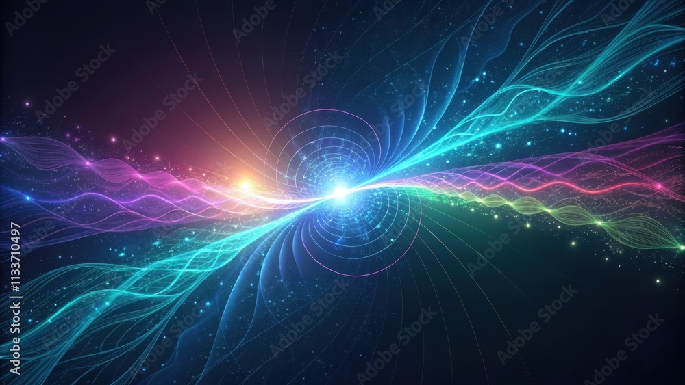 Poster colorful energy waves are emanating from a bright center, surrounded by swirling lines and sparkling