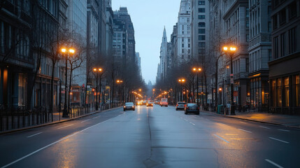 Fototapeta premium Empty city street at night. Cars drive slowly. Tall buildings line the street. Street lamps light up the scene. Quiet atmosphere. Urban setting. Night view. Calm ambiance.
