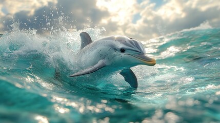 Naklejka premium Spotted dolphin leaps, turquoise waves, sunny sky.