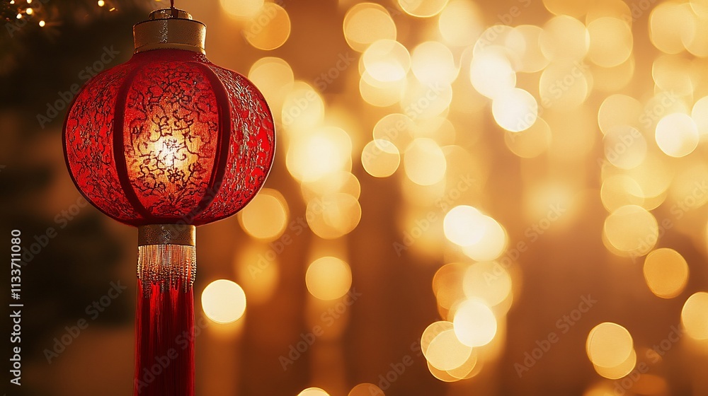 Poster a vibrant red lantern glowing against a backdrop of soft golden lights.
