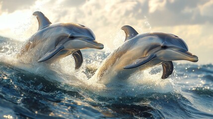 Obraz premium Two dolphins leap, ocean wave splashes.