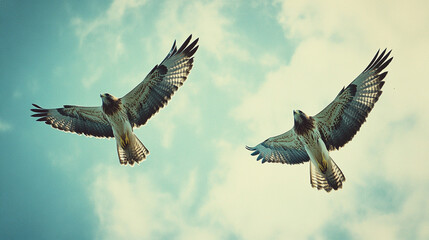 Obraz premium Two Hawks Soaring in Cloudy Sky Freedom Nature