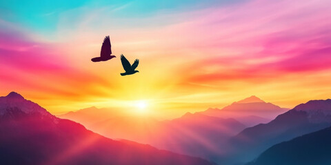 A vibrant sunset with colorful skies and silhouetted birds flying over mountain ranges, creating a serene and picturesque scene.
