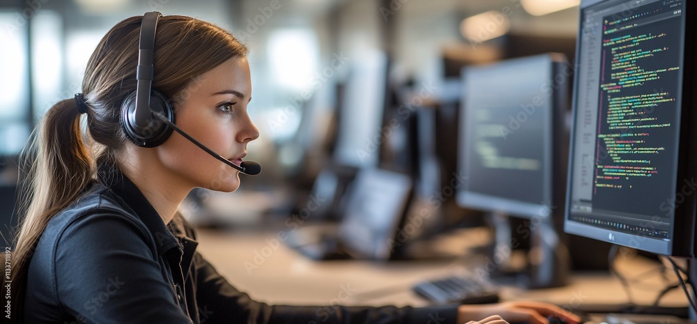 Poster A woman with a headset working on a computer with code on the screen.