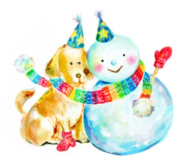雪だるまと犬　手描き