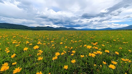 Expansive Meadow of Blooming Yellow Wildflowers Under a Dramatic Cloudy Sky, Vibrant Green Field Stretching Toward Rolling Hills and Distant Mountains in a Peaceful Landscape