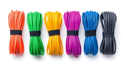 Brightly Colored Bundles of Rubber Cables in Orange, Green, Yellow, Purple, Blue, and Black Neatly Organized with Black Straps on a Clean White Background for Industrial Use and Design