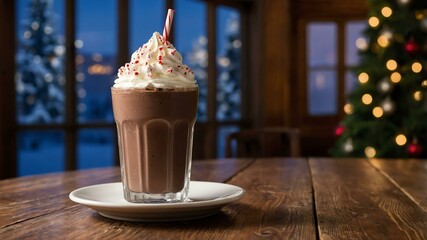 chocolate peppermint shake served on a wooden table with Christmas theme