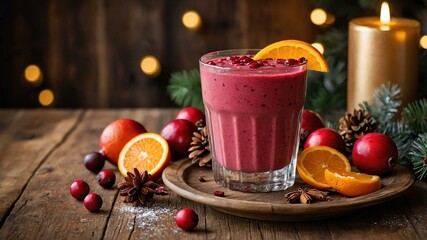 cranberry orange smoothie served on a wooden table with Christmas theme
