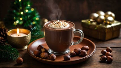 hazelnut hot chocolate served on a wooden table with Christmas theme