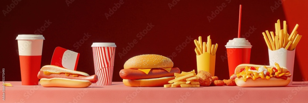 Poster a colorful assortment of fast food items is displayed on a table, including hot dogs, crispy fries, 