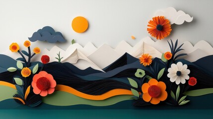 Vibrant Illustrated Mountainous Landscape with Blooming Flowers and Clouds in the Sky  Colorful abstract digital with stylized natural elements in a minimalist contemporary design