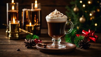 irish coffee coffee with whiskey and cream se served on a wooden table with Christmas theme