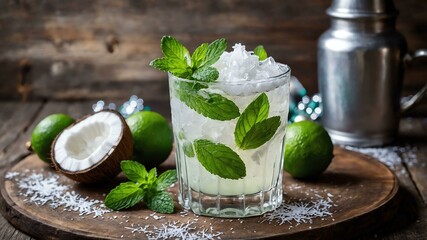 white christmas mojito with coconut cream and served on a wooden table with Christmas theme