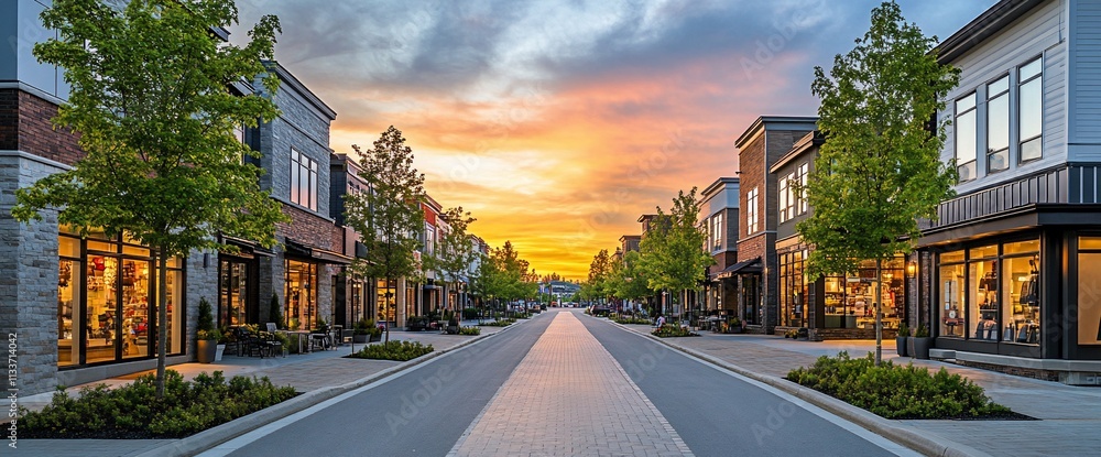 Aufkleber sunset view of a modern shopping street lined with trees and storefronts.