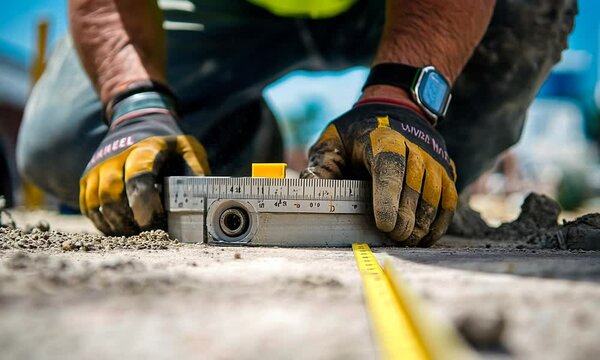 A worker uses a level tool to ensure precise alignment on a construction site.