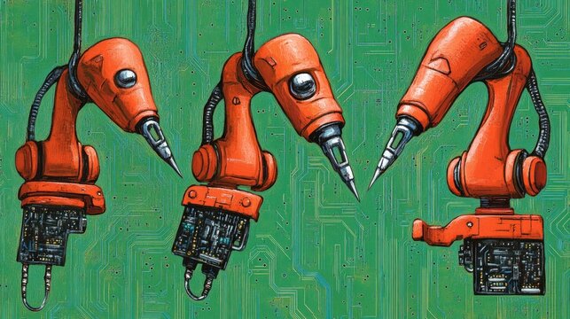 Three Orange Robotic Arms on a Circuit Board Background