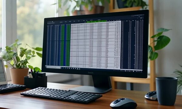 A workspace featuring a computer monitor displaying data spreadsheets and a small plant.