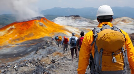 Exploring the Eruption: A Thrilling Journey Across Vibrant Volcanic Landscapes with Friends. Travel Adventures, Diversity Concept