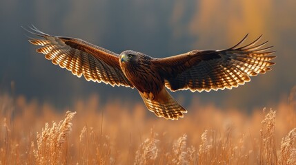 Obraz premium A hawk soaring gracefully over golden grasslands during sunset.
