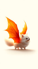 A whimsical white dog with vibrant orange wings, exuding charm and fantasy, perfect for a delightful illustration.