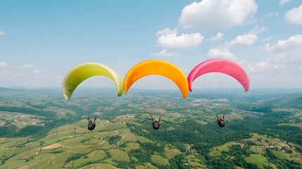 Thrilling Paragliding Adventure Over Lush Green Mountains With Vibrant Canopies and Blue Sky. Travel Adventures, Diversity Concept