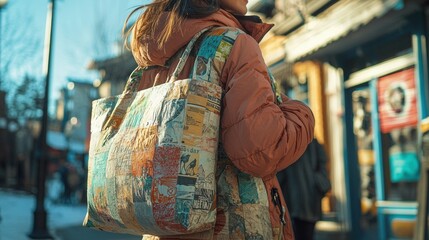 Obraz premium Stylish Woman in Recycled Jacket With Eco-Friendly Tote Bag