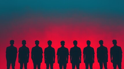 Silhouetted Individuals Standing Strong Under a Dramatic Red-Blue Gradient Background. Travel Adventures, Diversity Concept