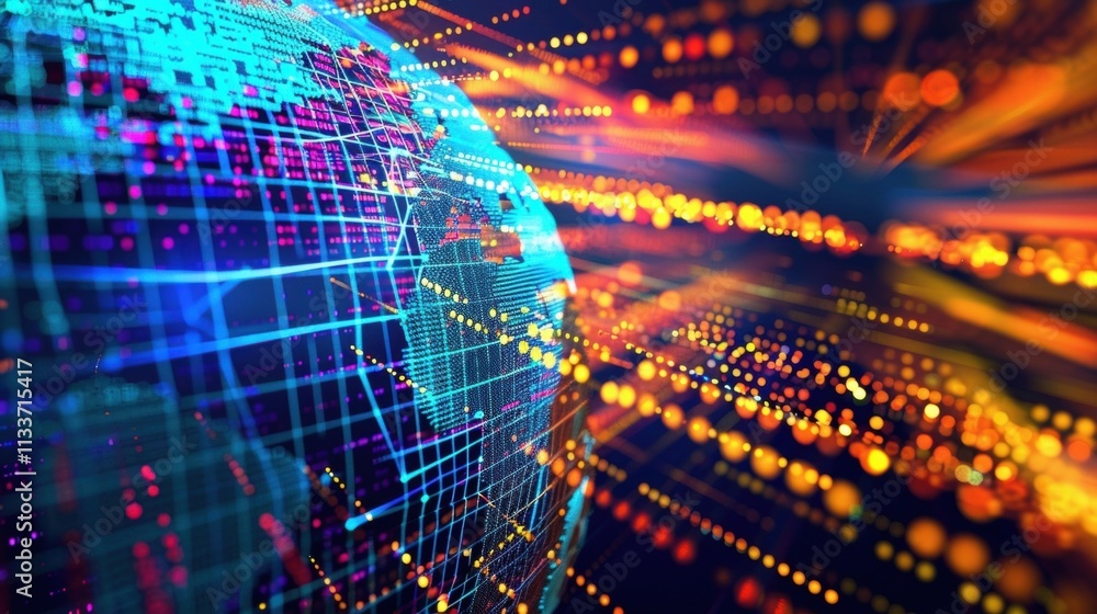 Poster data streams flowing around a digital earth globe, symbolizing global communication, big data analys