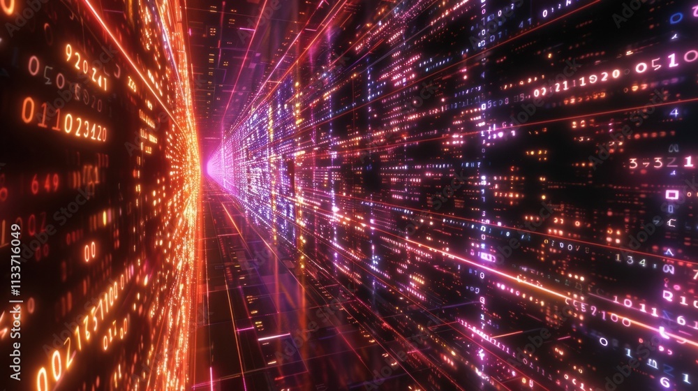 Poster big data flowing through cyberspace, featuring glowing numbers and light trails, creates a futuristi