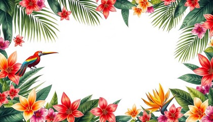 Naklejka premium Frame border tropical floral botanical texture pattern featuring birds of paradise and palm leaves The seamless design is perfect for backgrounds