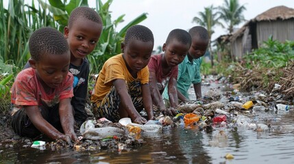 Eco-Conscious Kids Cleaning Riverbank: Community Cleanup of Plastic Waste with Adult Supervision