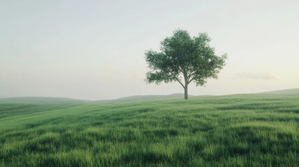 Obraz premium Solitary Tree Stands in a Verdant Rolling Meadow