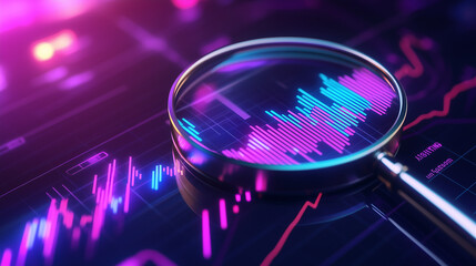 Data analysis, search engine optimization or SEO. magnifier, charts, graphs. ultraviolet and neon screen