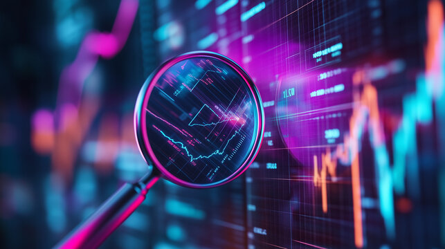 Data analysis, search engine optimization or SEO. magnifier, charts, graphs. ultraviolet and neon screen