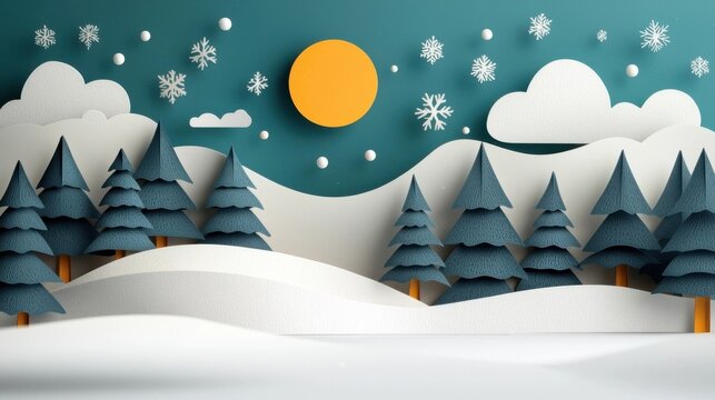 Minimalist snowy winter mountain landscape with a stylized forest and geometric sky  Peaceful serene and cozy seasonal scene with snow covered peaks pine trees and a bright sun or moon