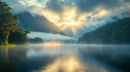 Fototapeta premium Sunrise Over Misty Mountain Lake And Lush Forest