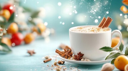 Steaming hot cup of coffee or tea with cinnamon sticks star anise and other festive spices