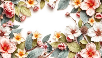 Fototapeta premium Greeting card border floral botanical texture pattern with various flowers roses daisies, and tulips, along with green leaves