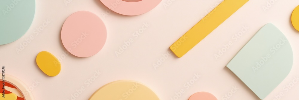 Poster Colorful abstract shapes representing burgers, pizza slices, and fries arranged on a soft light surface, creating a playful design. Generative AI